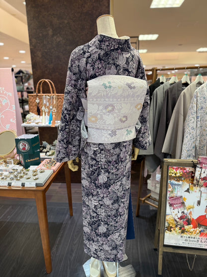 三部式袷きもの ポリちりめん アンティークフラワー ネイビー（衿・襦袢袖付き）