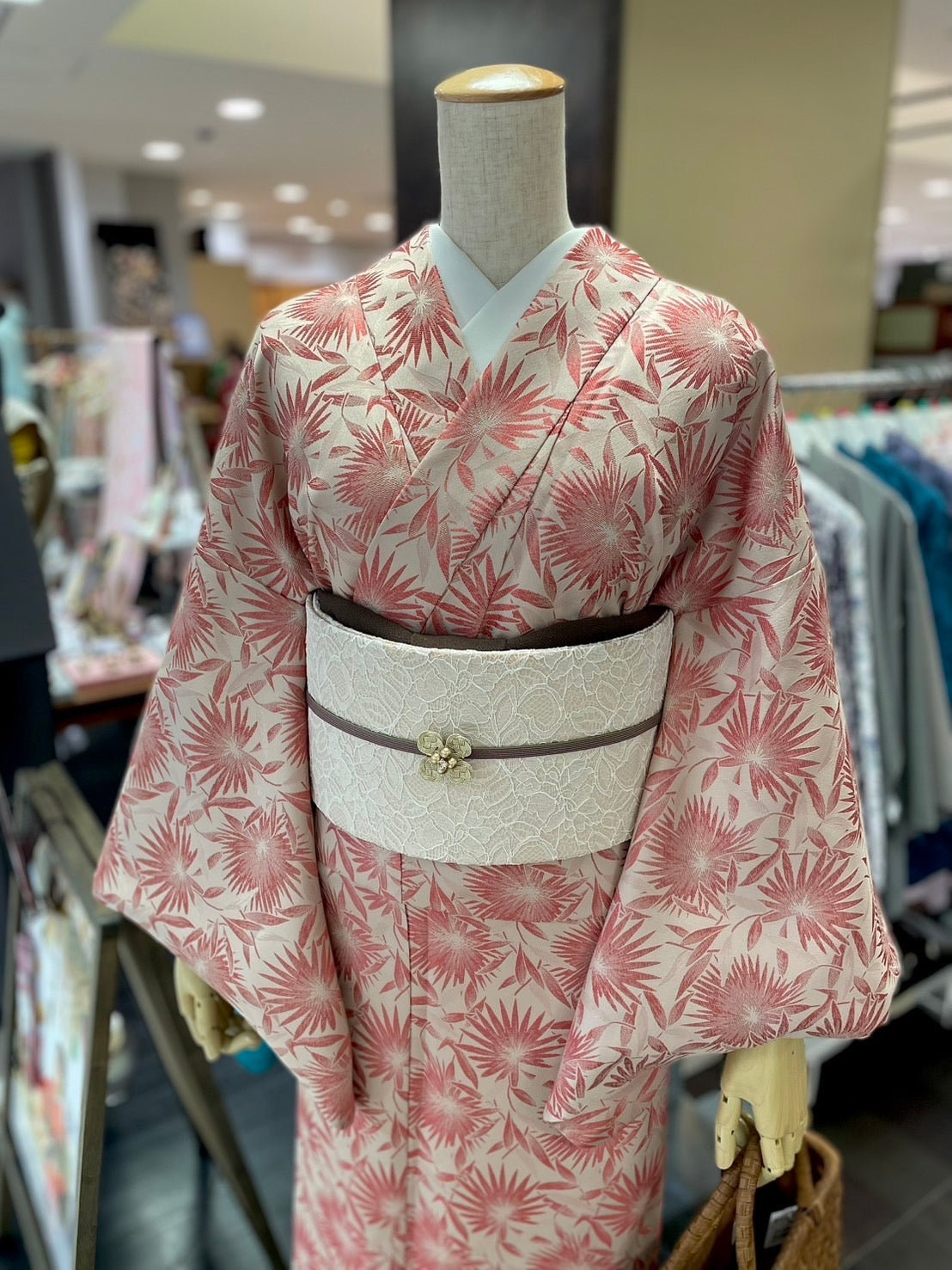 三部式袷きもの ジャガード レッド（衿・襦袢袖付き）