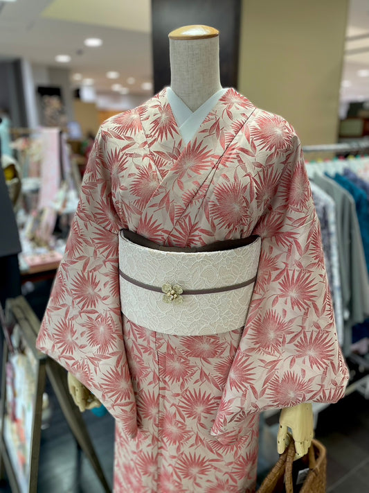 三部式袷きもの ジャガード レッド（衿・襦袢袖付き）