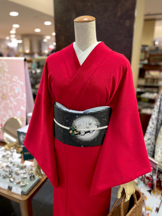 三部式袷きもの ポリちりめん 色無地 赤（衿・襦袢袖付き）