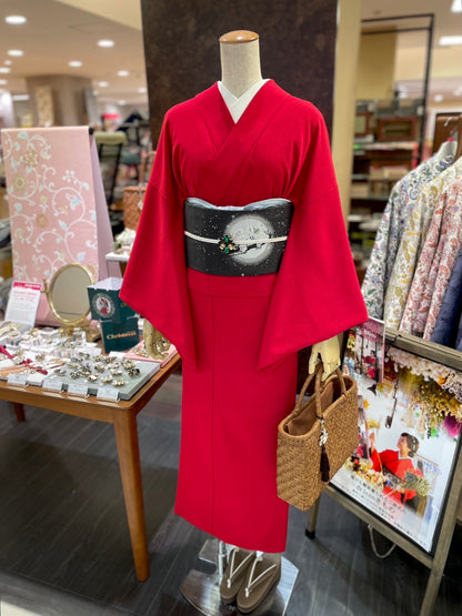 三部式袷きもの ポリちりめん 色無地 赤（衿・襦袢袖付き）