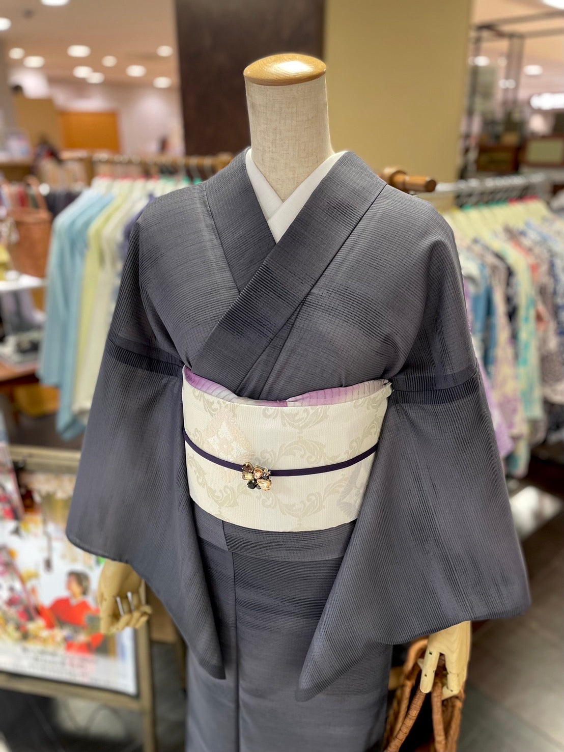 夏絽 三部式着物 縞紗グレー Mサイズ