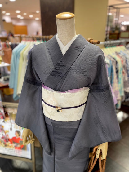 夏絽 三部式着物 縞紗グレー Mサイズ