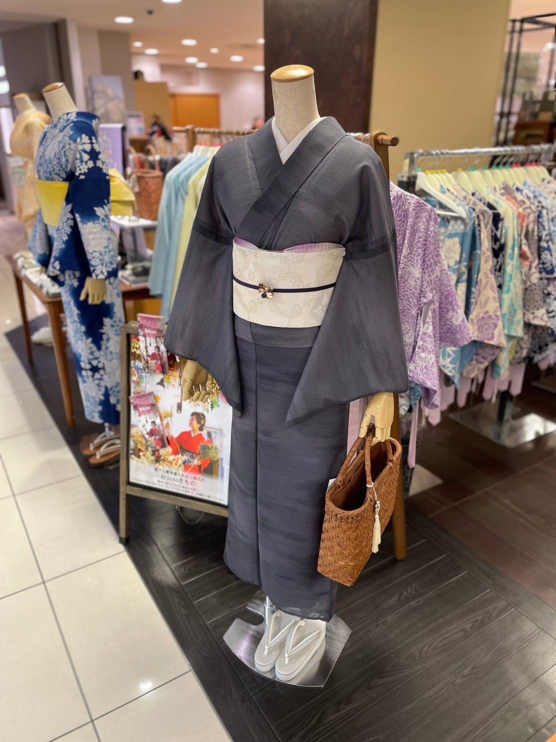 夏絽 三部式着物 縞紗グレー Mサイズ