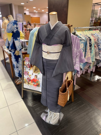 夏絽 三部式着物 縞紗グレー Mサイズ