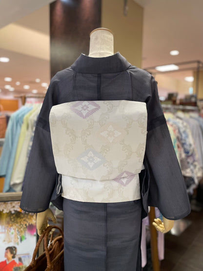 夏絽 三部式着物 縞紗グレー Mサイズ